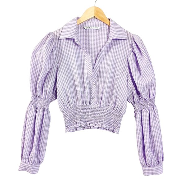 Zara, Lavender & White Gingham Check Crop Top, Long Sleeve, Renaissance, Peasant - Picture 3 of 14